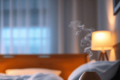Chambre confortable la nuit avec un éclairage chaleureux, un diffuseur libérant de la vapeur et des bouteilles d'huiles essentielles sur une table ...