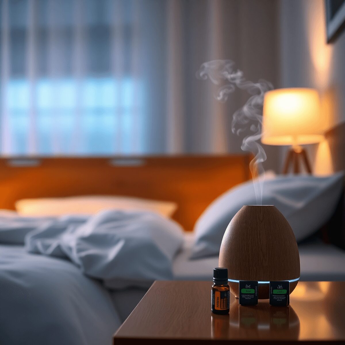 Chambre confortable la nuit avec un éclairage chaleureux, un diffuseur libérant de la vapeur et des bouteilles d'huiles essentielles sur une table ...