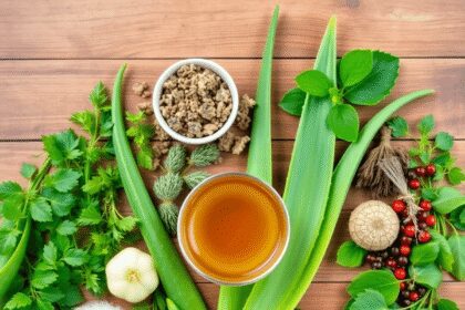 Disposition à plat d'herbes médicinales chinoises traditionnelles sur une surface en bois, comprenant de l'aloe vera, du gingembre, des baies de go...