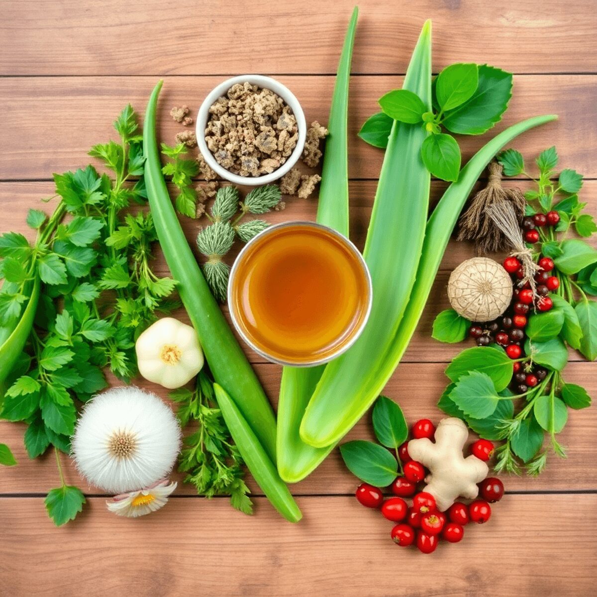 Disposition à plat d'herbes médicinales chinoises traditionnelles sur une surface en bois, comprenant de l'aloe vera, du gingembre, des baies de go...