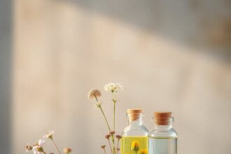 Fleurs sauvages délicates et bouteilles en verre avec des essences botaniques sur un fond doux inspiré de la nature avec une lumière apaisante.