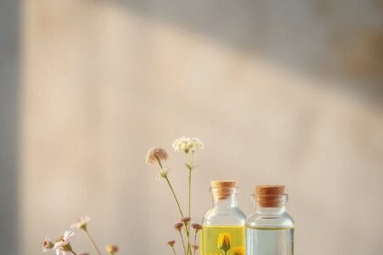 Fleurs sauvages délicates et bouteilles en verre avec des essences botaniques sur un fond doux inspiré de la nature avec une lumière apaisante.