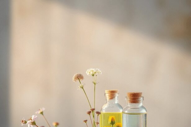 Fleurs sauvages délicates et bouteilles en verre avec des essences botaniques sur un fond doux inspiré de la nature avec une lumière apaisante.