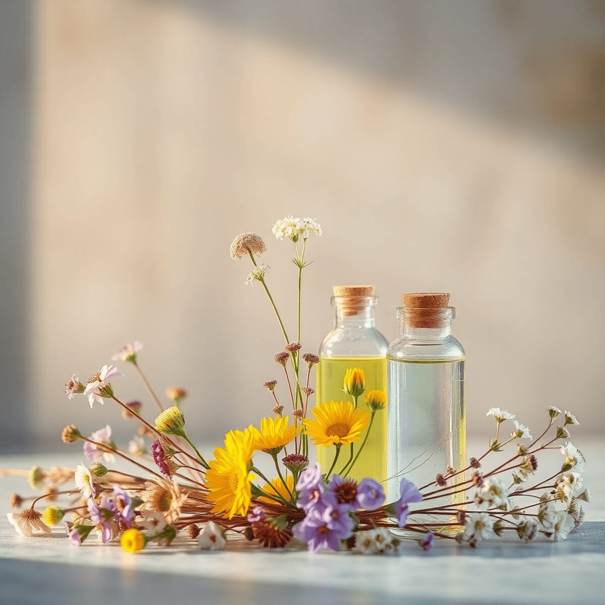 Fleurs sauvages délicates et bouteilles en verre avec des essences botaniques sur un fond doux inspiré de la nature avec une lumière apaisante.