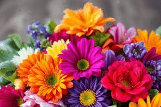 Gros plan de fleurs comestibles colorées disposées sur une table en bois rustique avec une douce lumière naturelle, mettant en valeur leur fraîcheu...