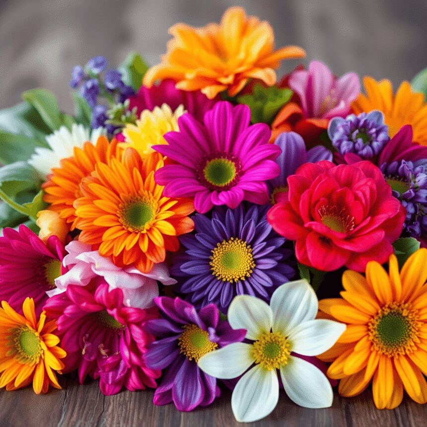 Gros plan de fleurs comestibles colorées disposées sur une table en bois rustique avec une douce lumière naturelle, mettant en valeur leur fraîcheu...