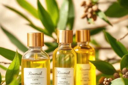 Gros plan sur des bouteilles en verre élégantes contenant des huiles botaniques, entourées de feuilles et de graines exotiques, baignées dans une l...