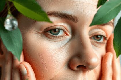Gros plan sur une femme d'âge moyen massant doucement sa peau éclatante, entourée de feuilles fraîches et de gouttes d'eau symbolisant les soins de...