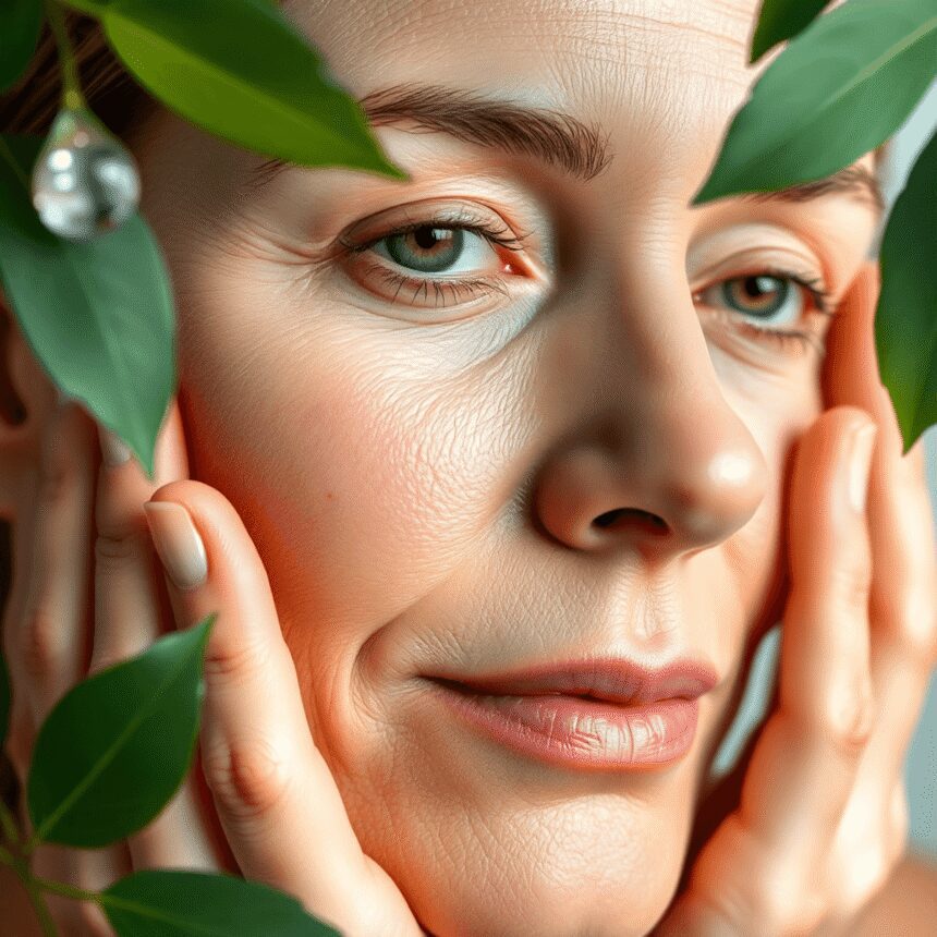 Gros plan sur une femme d'âge moyen massant doucement sa peau éclatante, entourée de feuilles fraîches et de gouttes d'eau symbolisant les soins de...