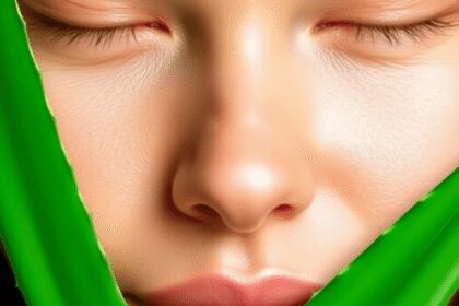 Gros plan sur une peau éclatante entourée de feuilles d'aloe vera, de rayons de miel et d'aliments riches en oméga-3, représentant les soins de la ...