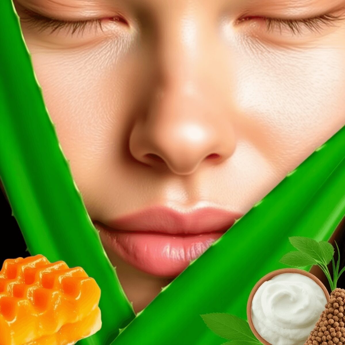 Gros plan sur une peau éclatante entourée de feuilles d'aloe vera, de rayons de miel et d'aliments riches en oméga-3, représentant les soins de la ...