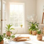 Intérieur de maison printanier ensoleillé avec fenêtres ouvertes, plantes vertes, fumée de sauge blanche, accents en bois naturel et couleurs paste...