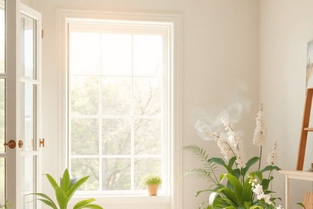 Intérieur de maison printanier ensoleillé avec fenêtres ouvertes, plantes vertes, fumée de sauge blanche, accents en bois naturel et couleurs paste...