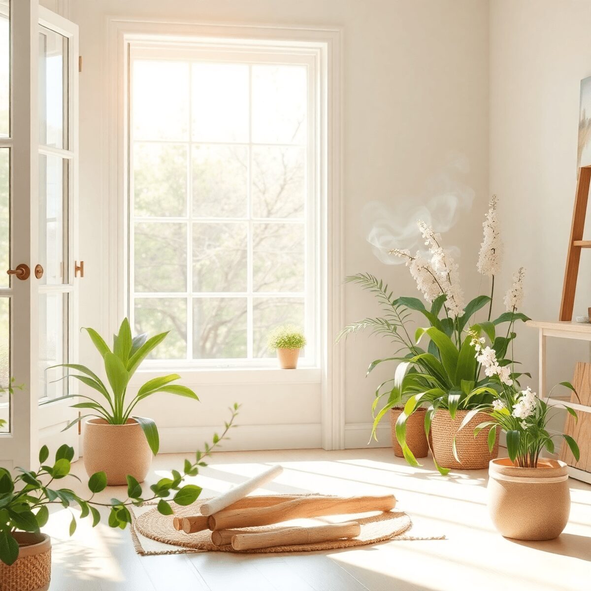Intérieur de maison printanier ensoleillé avec fenêtres ouvertes, plantes vertes, fumée de sauge blanche, accents en bois naturel et couleurs paste...