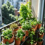 Jardin de balcon urbain avec des plantes médicinales en pot et de petites fleurs, baigné de lumière du soleil, mettant en valeur la verdure et un m...