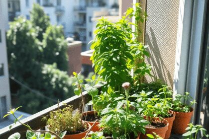 Jardin de balcon urbain avec des plantes médicinales en pot et de petites fleurs, baigné de lumière du soleil, mettant en valeur la verdure et un m...