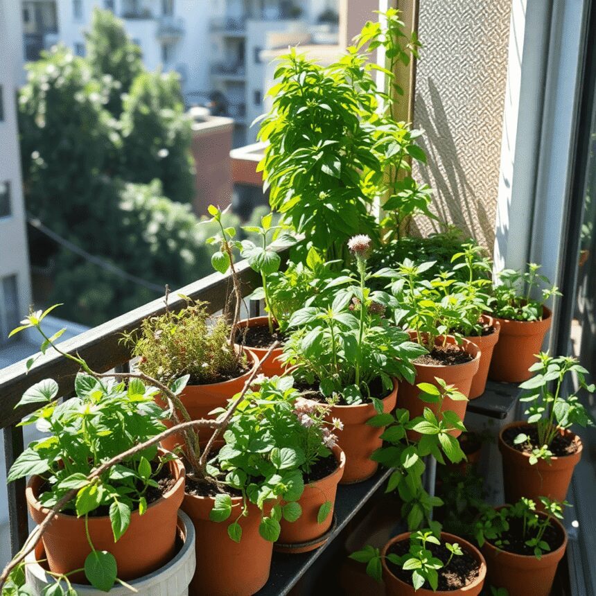 Jardin de balcon urbain avec des plantes médicinales en pot et de petites fleurs, baigné de lumière du soleil, mettant en valeur la verdure et un m...