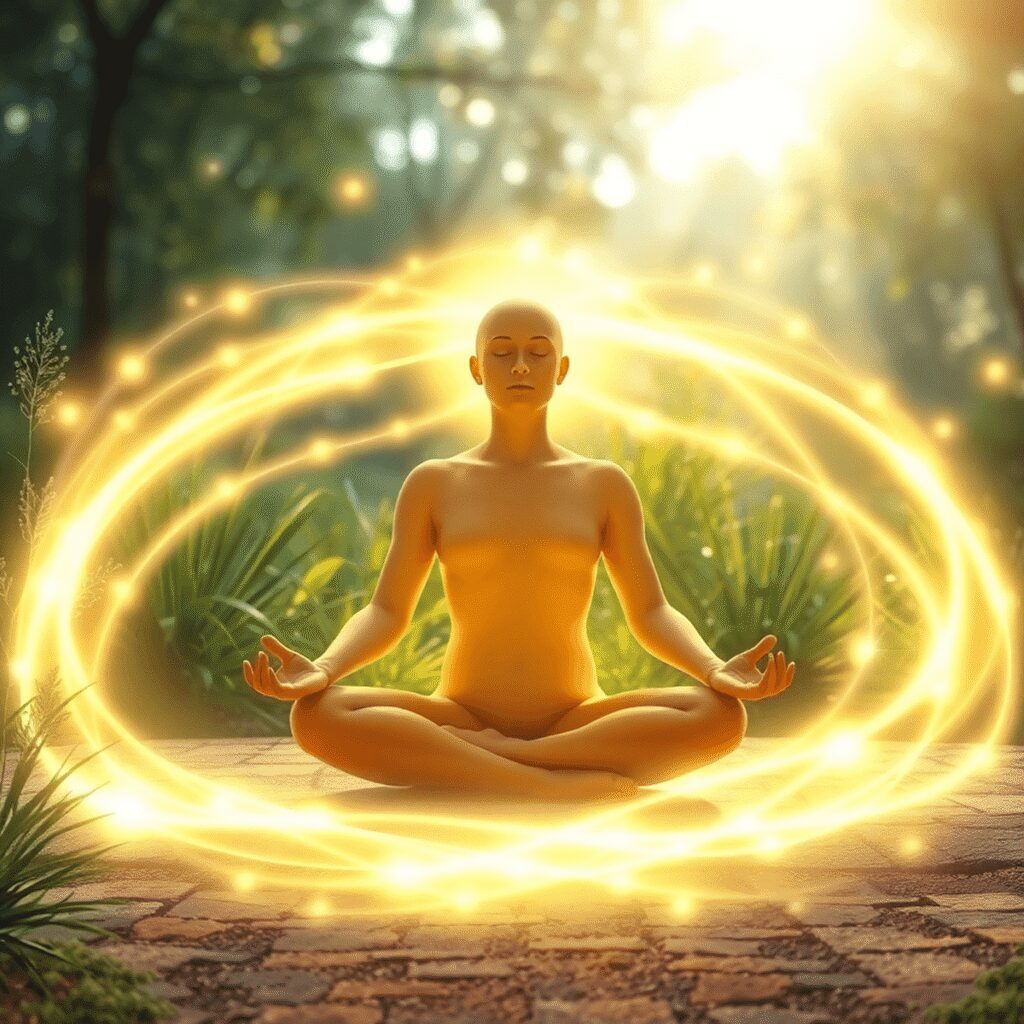 Personne méditant en plein air avec des lignes d'énergie lumineuses autour d'elle, entourée de plantes et de doux rayons de soleil dans un cadre na...