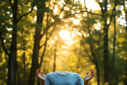 Personne pratiquant la respiration profonde en plein air, sous la douce lumière du soleil filtrant à travers les arbres, entourée par la nature, sy...