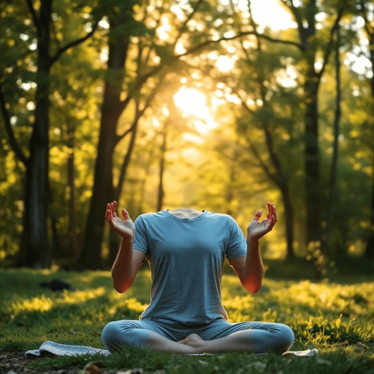 Personne pratiquant la respiration profonde en plein air, sous la douce lumière du soleil filtrant à travers les arbres, entourée par la nature, sy...
