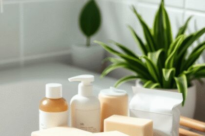 Salle de bain minimaliste avec des barres de savon et de shampoing naturels sur un plateau en bois, des plantes vertes en arrière-plan, mettant en ...