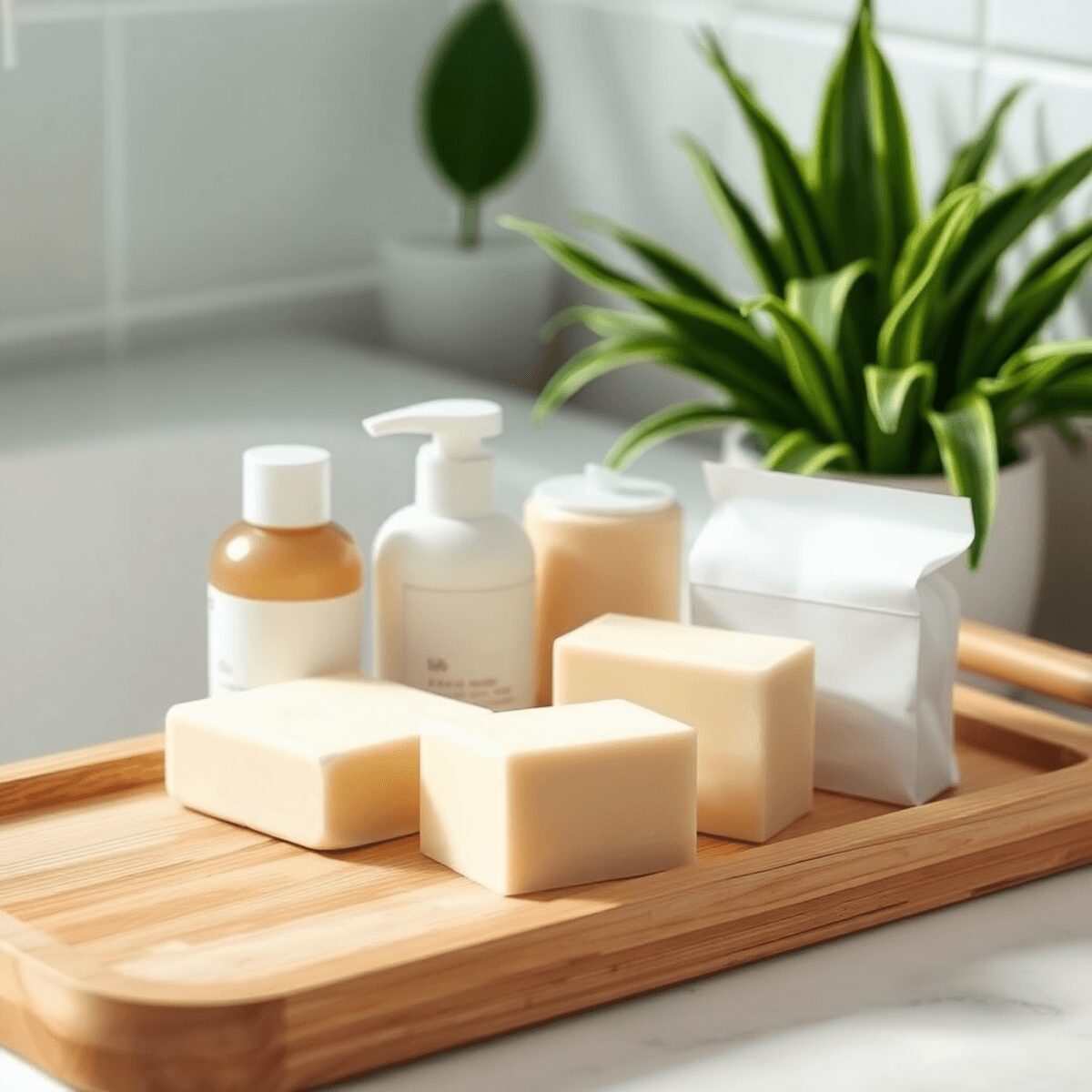 Salle de bain minimaliste avec des barres de savon et de shampoing naturels sur un plateau en bois, des plantes vertes en arrière-plan, mettant en ...