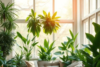 Salon confortable avec lumière naturelle, plantes d'intérieur vertes luxuriantes comme des plantes araignées et des lys de la paix créant une atmos...