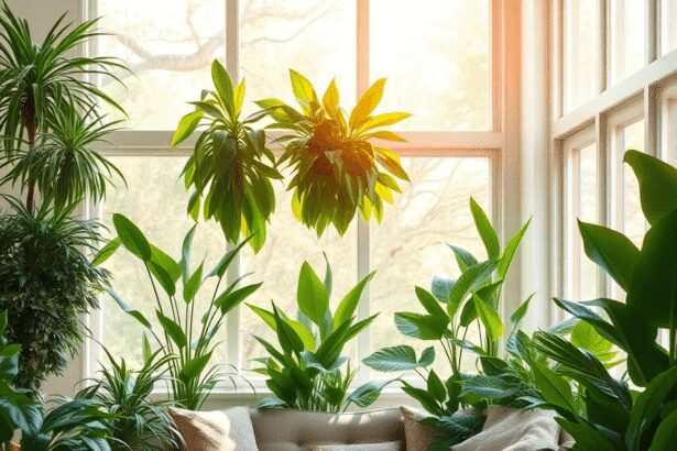 Salon confortable avec lumière naturelle, plantes d'intérieur vertes luxuriantes comme des plantes araignées et des lys de la paix créant une atmos...