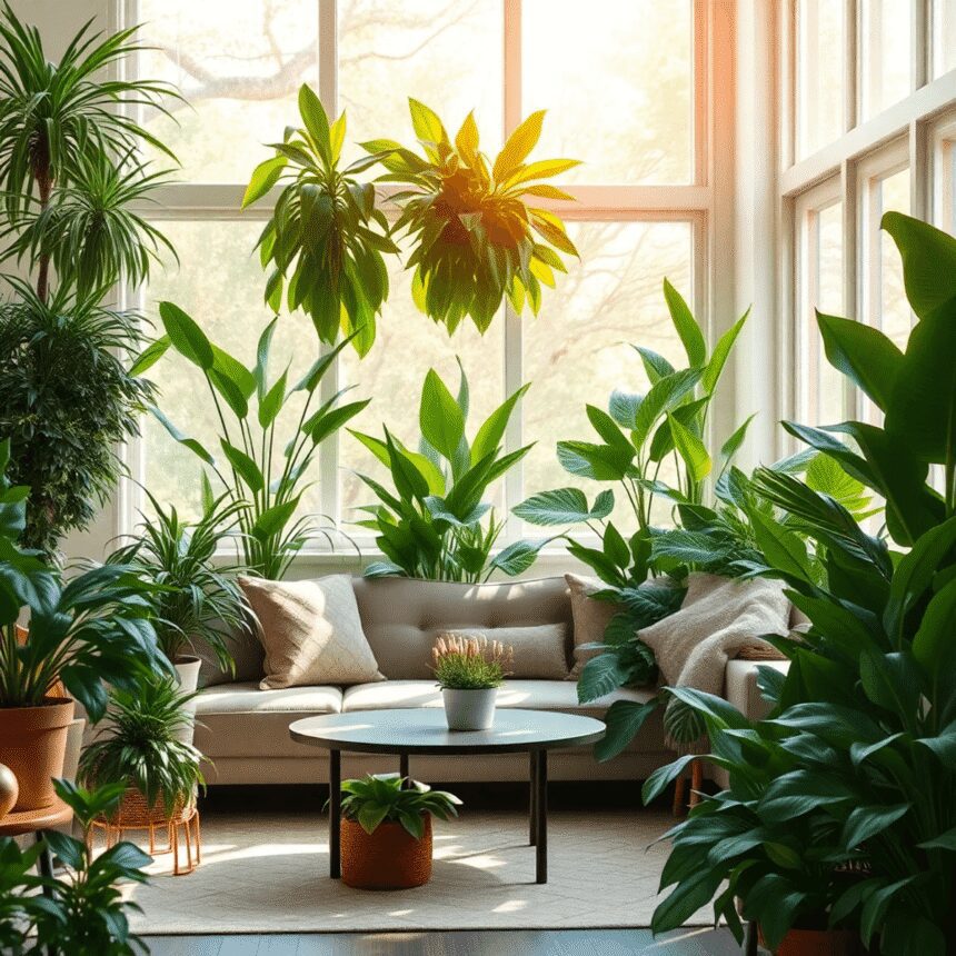 Salon confortable avec lumière naturelle, plantes d'intérieur vertes luxuriantes comme des plantes araignées et des lys de la paix créant une atmos...