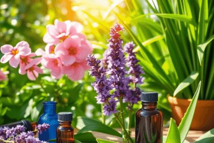 Scène lumineuse et apaisante avec des plantes en fleurs, de la lavande, de l'aloe vera, des bouteilles d'huiles essentielles sur du bois, filtrée p...