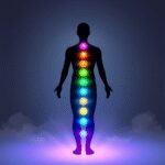 Silhouette humaine lumineuse avec sept chakras vibrants alignés le long de la colonne vertébrale, émettant des vagues d'énergie colorées sur un fon...