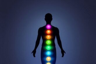 Silhouette humaine lumineuse avec sept chakras vibrants alignés le long de la colonne vertébrale, émettant des vagues d'énergie colorées sur un fon...