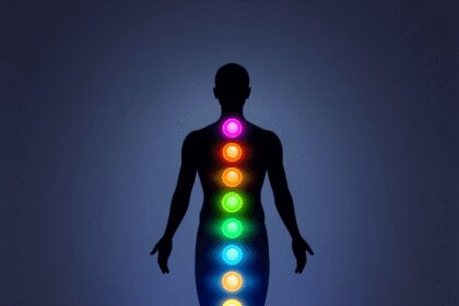 Silhouette humaine lumineuse avec sept chakras vibrants alignés le long de la colonne vertébrale, émettant des vagues d'énergie colorées sur un fon...
