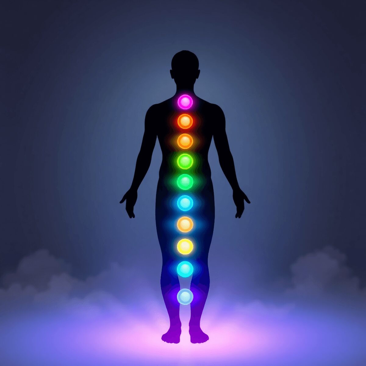 Silhouette humaine lumineuse avec sept chakras vibrants alignés le long de la colonne vertébrale, émettant des vagues d'énergie colorées sur un fon...