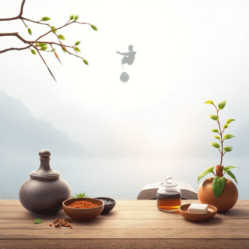 Un cadre tranquille comprenant des aiguilles d'acupuncture, des remèdes à base de plantes et des plantes apaisantes, incarnant la médecine traditio...