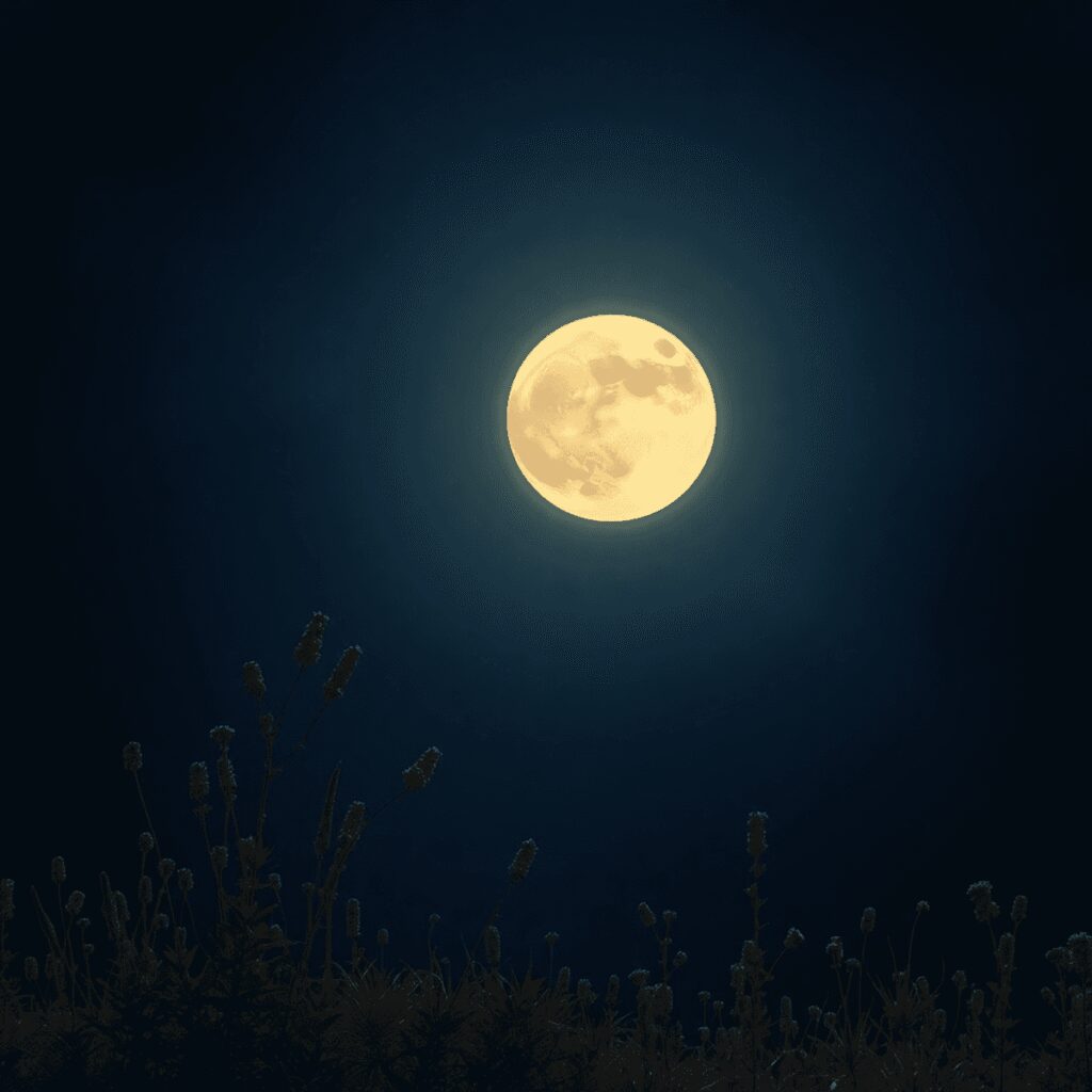 Bien vivre avec les cycles lunaires : rituels naturels pour chaque phase Un ciel nocturne serein avec une pleine lune brillante et des phases de lune lumineuses au-dessus d'un paysage paisible de plantes et d'herbes douces.