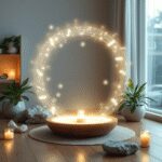 Un coin de méditation serein à la maison avec des ondes sonores lumineuses, des cristaux et des plantes, créant une atmosphère apaisante et conscie...