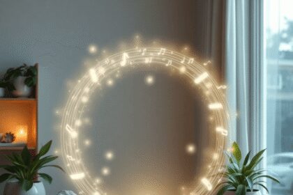 Un coin de méditation serein à la maison avec des ondes sonores lumineuses, des cristaux et des plantes, créant une atmosphère apaisante et conscie...