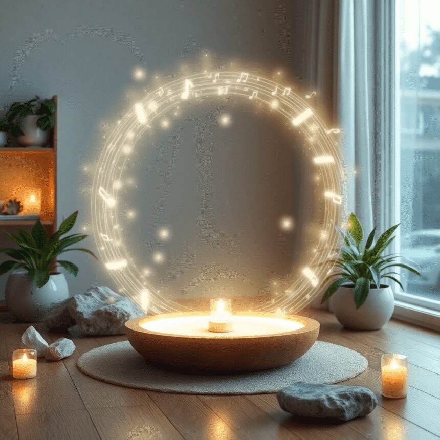 Un coin de méditation serein à la maison avec des ondes sonores lumineuses, des cristaux et des plantes, créant une atmosphère apaisante et conscie...