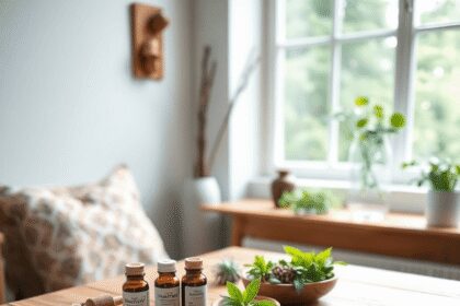 Un espace de consultation en homéopathie confortable avec une table en bois affichant de petits flacons et des herbes naturelles, éclairé par une l...