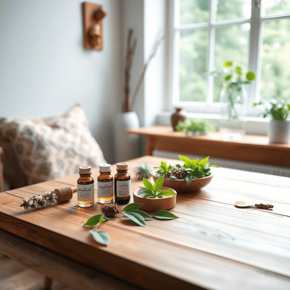 Un espace de consultation en homéopathie confortable avec une table en bois affichant de petits flacons et des herbes naturelles, éclairé par une l...