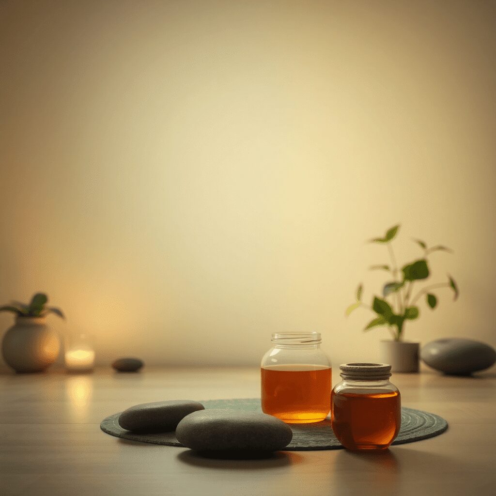 Un espace de méditation tranquille avec un éclairage doux, des plantes, des pierres et un petit pot de miel, créant une atmosphère de paix et de pl...