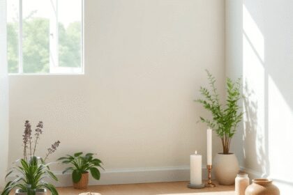 Un espace de méditation tranquille avec une douce lumière naturelle, un tapis de yoga, des plantes apaisantes et des symboles doux de relaxation co...