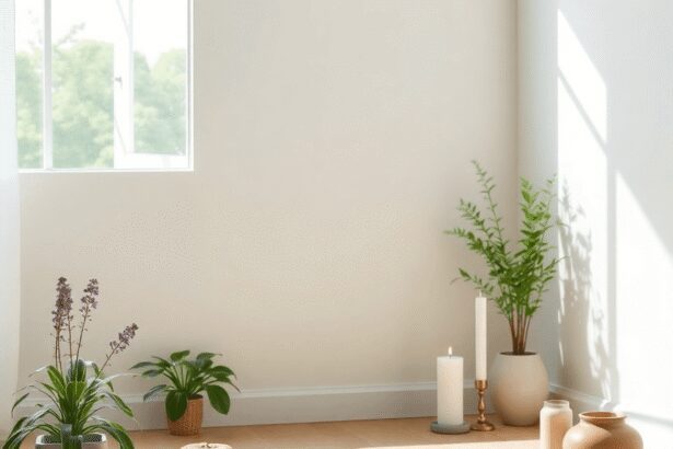 Un espace de méditation tranquille avec une douce lumière naturelle, un tapis de yoga, des plantes apaisantes et des symboles doux de relaxation co...