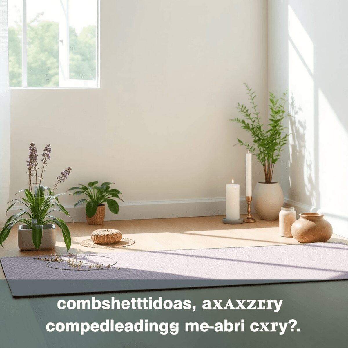 Un espace de méditation tranquille avec une douce lumière naturelle, un tapis de yoga, des plantes apaisantes et des symboles doux de relaxation co...