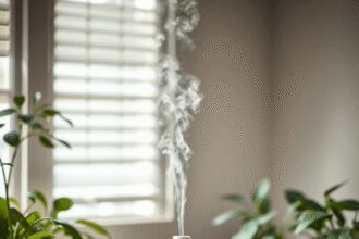 Un espace de travail tranquille avec un diffuseur libérant de la vapeur, entouré de bouteilles d'huiles essentielles et de plantes vertes luxuriant...
