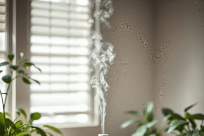 Un espace de travail tranquille avec un diffuseur libérant de la vapeur, entouré de bouteilles d'huiles essentielles et de plantes vertes luxuriant...