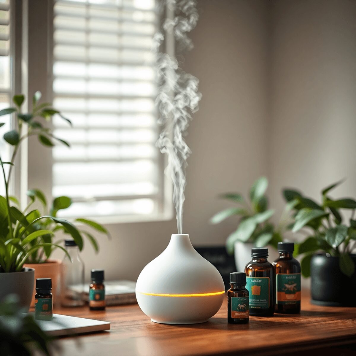 Un espace de travail tranquille avec un diffuseur libérant de la vapeur, entouré de bouteilles d'huiles essentielles et de plantes vertes luxuriant...