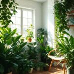 Un espace intérieur lumineux rempli de diverses plantes purificatrices d'air, avec la lumière du soleil qui pénètre par une fenêtre, et comprenant ...