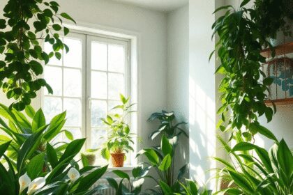 Un espace intérieur lumineux rempli de diverses plantes purificatrices d'air, avec la lumière du soleil qui pénètre par une fenêtre, et comprenant ...